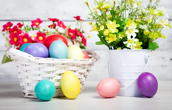 Картинка цветы, яйца, пасха, разноцветные, flowers, Easter, eggs