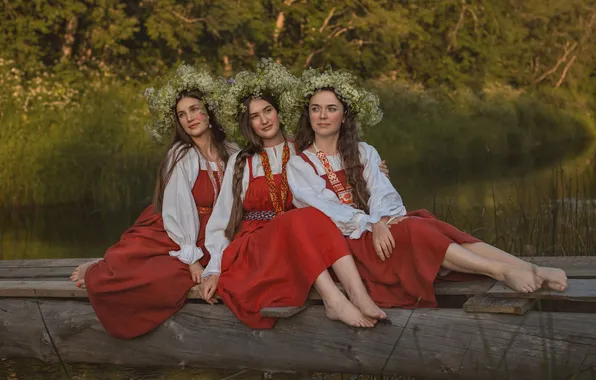 Girls, cute, fancy, costumes, Russian folk