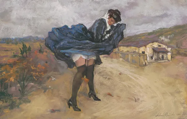 1911, итальянский живописец, Italian painter, Silvio Bicchi, The gust of wind, Порыв ветра, Pastel on …