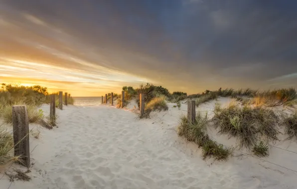 Картинка песок, море, пляж, закат, природа, забор, дюны