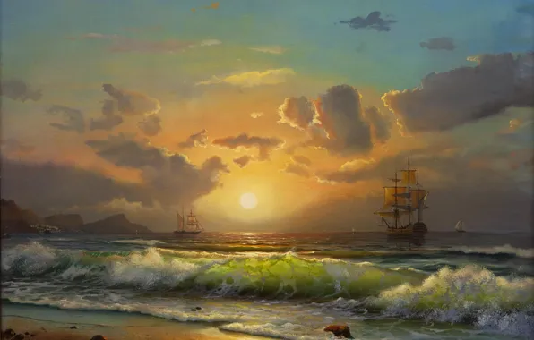 Картинка берег, паруса, живопись, небо. облака, море. волны. корабли