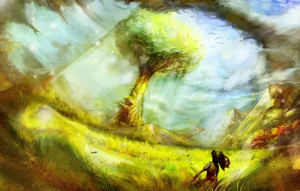 Картинка поле, трава, девушка, пейзаж, горы, дерево, сзади, solo