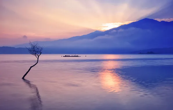 Деревья, горы, озеро, лодка, корабль