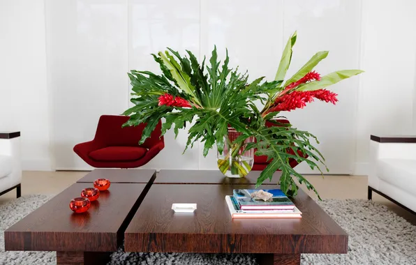 Картинка цветы, диван, ковер, кресло, ваза, столик, гостиная