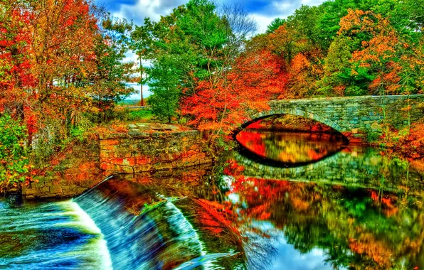 Картинка осень, небо, деревья, мост, река, арка, дамба