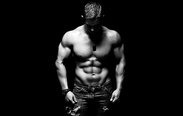 Muscle, Chain, Man, Jeans, Black & White, Bodybuilder