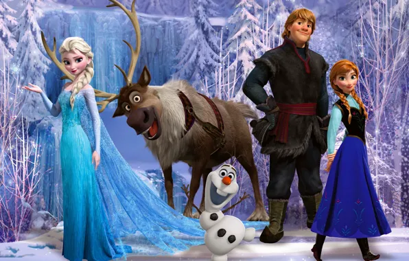 Картинка снег, снежинки, лёд, олень, снеговик, Frozen, принцесса, Анна