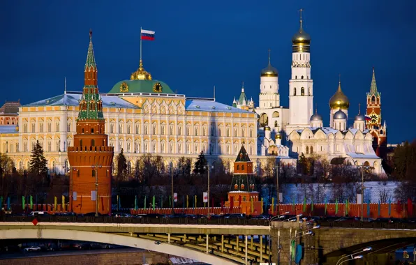 Картинка мост, город, обои, москва, флаг, кремль, wallpaper, Россия