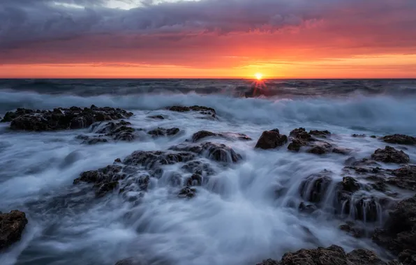 Ocean, sunset, water, stones
