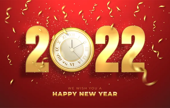 Картинка золото, часы, цифры, Новый год, red, golden, циферблат, new year
