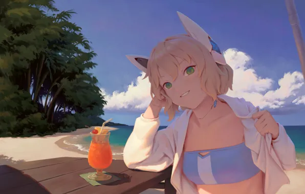 Girl, beach, sky, green eyes, trees, sea, smile, anime