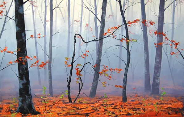 Картинка осень, листья, деревья, природа, туман, арт, artsaus