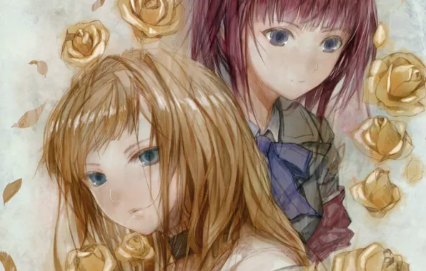 Девушки, розы, двое, art, umineko no naku koro ni, когда плачут чайки, beatrice, haruaki fuyuno