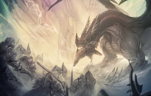 Картинка дракон, доспехи, арт, мечи, воины