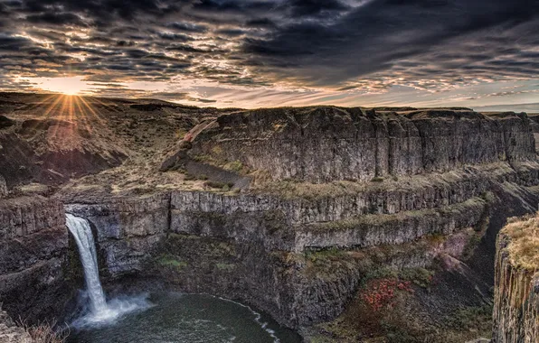 Картинка закат, скалы, каньон, Washington, Palouse Falls, водопад Палус