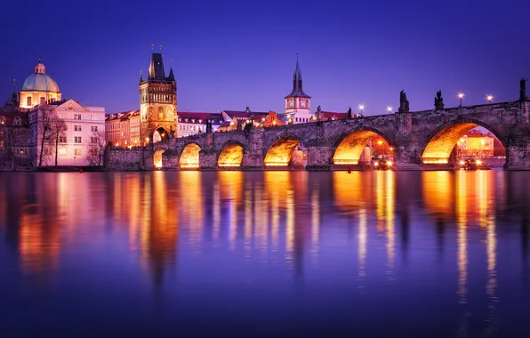 Вода, свет, город, огни, отражение, река, вечер, Прага