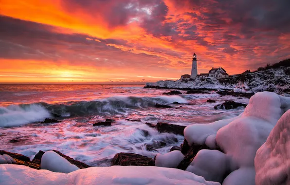 Картинка зима, море, закат, маяк