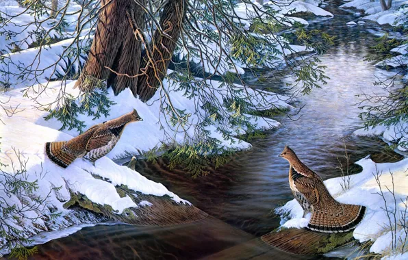 Картинка лес, снег, ручей, живопись, river, bird, snow, painting
