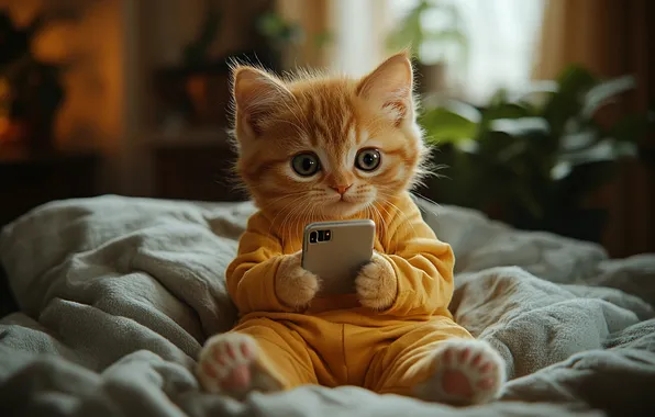 Кошка, взгляд, поза, котенок, рыжий, постель, мордашка, смартфон