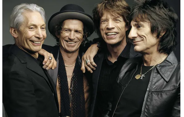 Радость, улыбка, серый, фон, группа, The Rolling Stones, Mick Jagger, Keith Richards