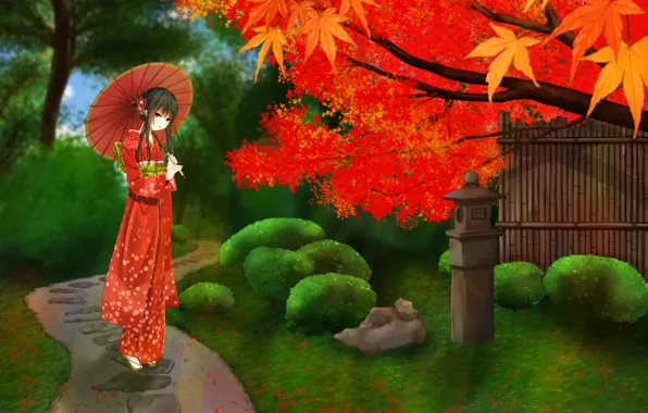 Картинка взгляд, девушка, листва, зонт, румянец, клён, кимоно, тропинка