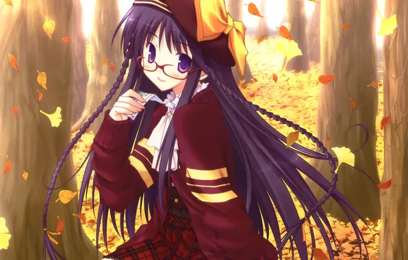 Картинка осень, листья, девушка, деревья, аниме, арт, очки, бант