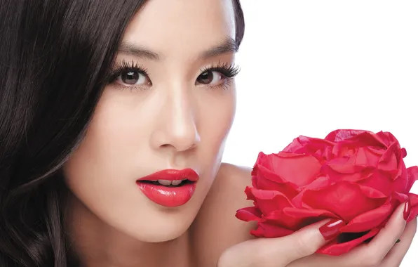 Цветок, взгляд, девушка, макияж, азиатка, красные губы, Huỳnh Thánh Y