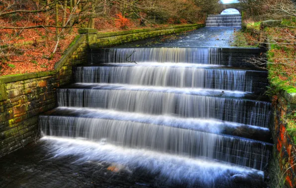 Осень, Англия, водопад, лестница, park, England, valley, Waterfalls
