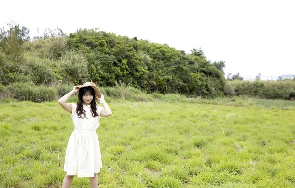 Grass, Beautiful, Asian, Model, Smile, Woman, Hat, Trees