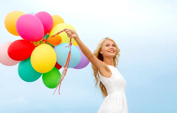 Картинка девушка, шарики, радость, счастье, воздушные шары, colorful, happy, sky