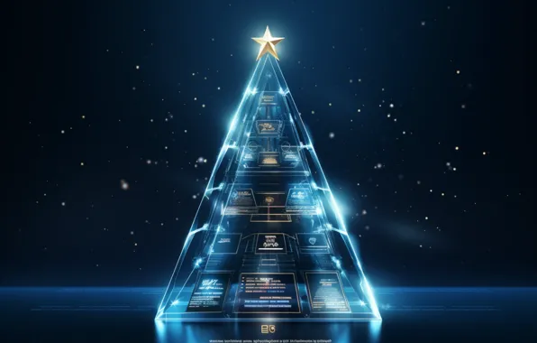 Картинка новогодняя ёлка, ёлочка, сияние, ИИ-арт, Рождество, синий фон, Новый год, футуристическая