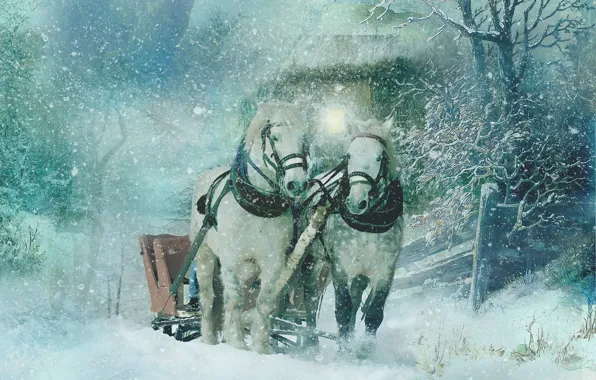 Картинка зима, снег, кони, текстура, лошади, арт, сани