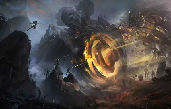 Скалы, Монстр, Камни, Магия, Битва, Демон, Fantasy, Art
