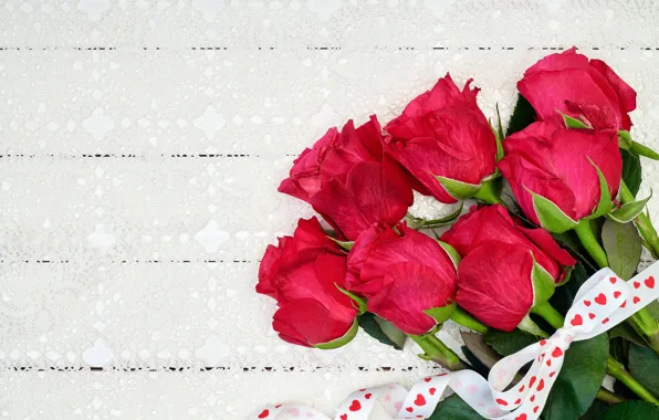 Картинка цветы, розы, букет, лента, красные, red, love, wood