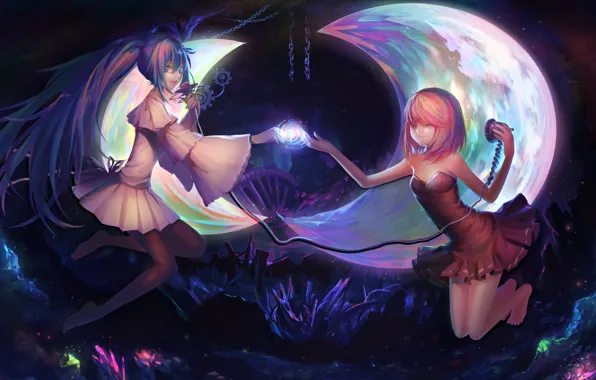 Ночь, музыка, девушки, месяц, аниме, арт, цепи, Vocaloid
