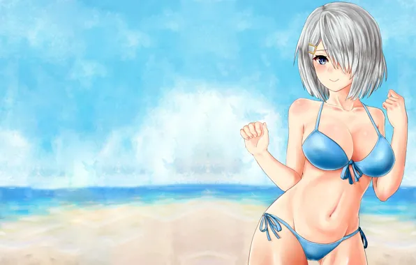 Girl, sexy, beach, sea, boobs, anime, beautiful, short hair