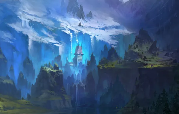 Картинка снег, горы, замок, водопады, Долина
