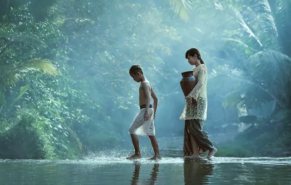 Вода, дети, река, ручей, мальчик, деревня, джунгли, девочка
