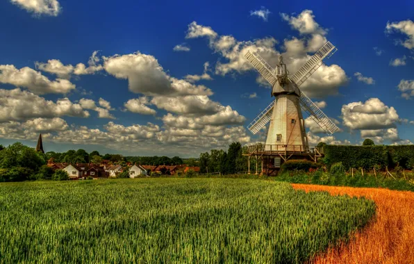 Картинка поле, облака, Англия, Кент, деревня, мельница, England, Kent