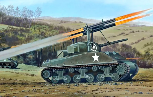 Картинка US Army, РСЗО, WWII, M4A3 Sherman, Sherman Calliope, T34 Rocket Launcher