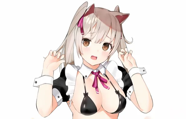 Girl, sexy, cleavage, blouse, long hair, brown eyes, boobs, animal ears