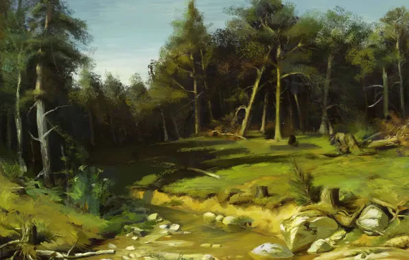 Картинка лес, деревья, природа, ручей, камни, пень, арт
