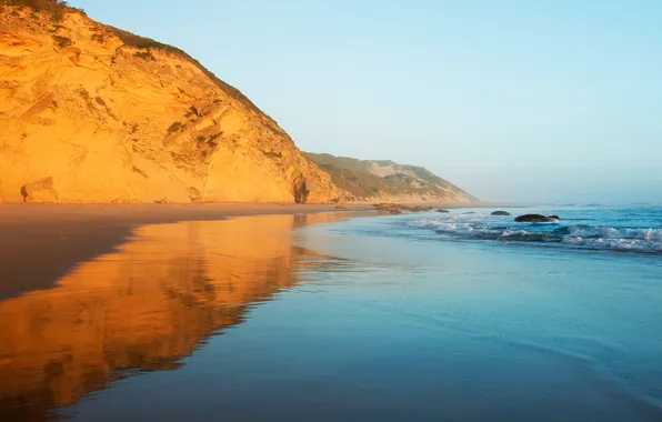 Картинка песок, море, пляж, вода, солнце, свет, гладь, отражение