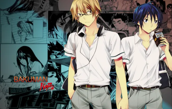 Очки, рисунки, друзья, персонажи, два парня, Bakuman, Moritaka Mashiro, Akito Takagi