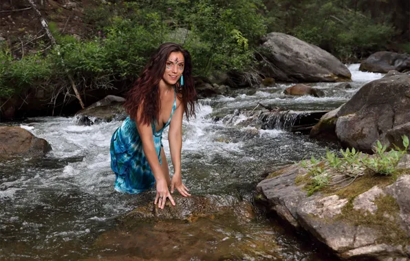 Cleavage, river, hot girl, nature, rocks, model, stones, greenery