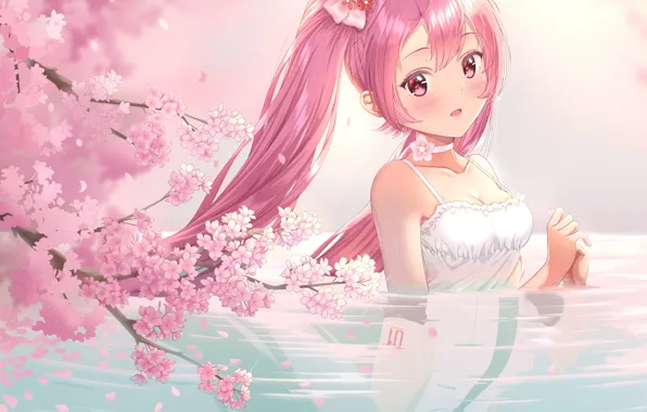 Вода, девушка, озеро, весна, сакура, Hatsune Miku, розовые волосы, Sakura Miku