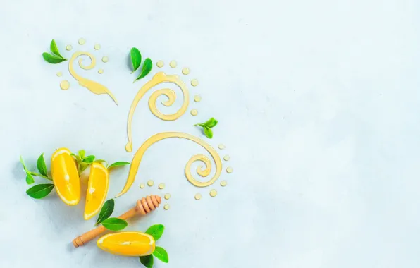 Картинка листья, узор, лимон, еда, натюрморт, мёд, цитрусы