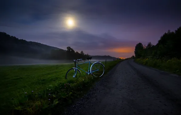 Картинка дорога, ночь, велосипед