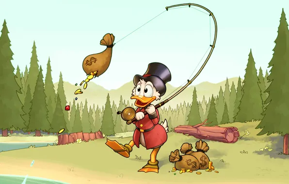 Картинка лес, золото, рыбалка, монеты, Disney, удочка, Scrooge McDuck, Duck Tales