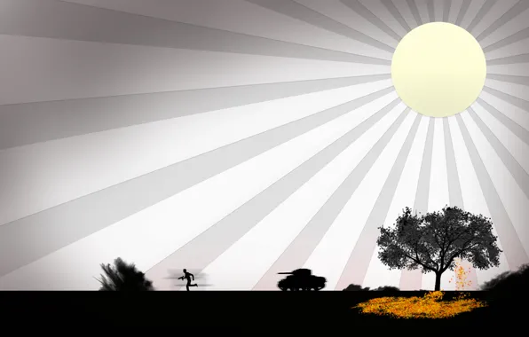 Картинка солнце, дерево, война, танк